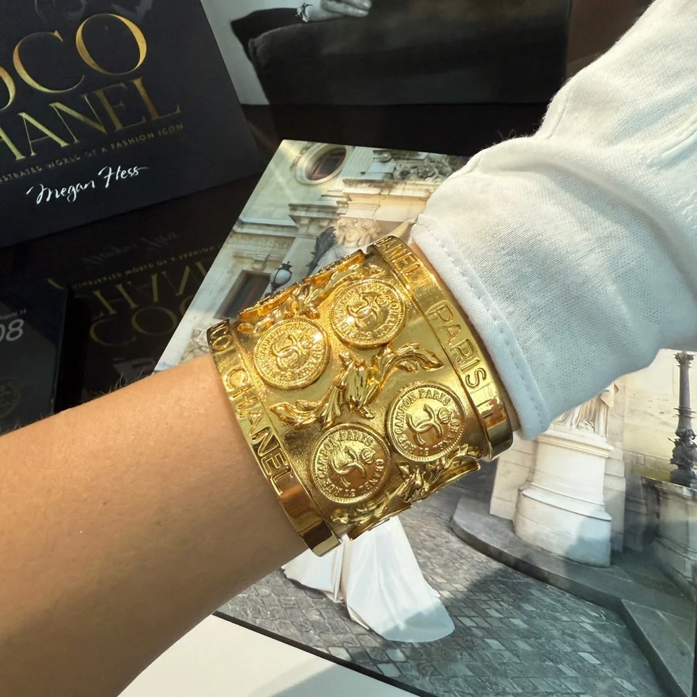 LOT 2230 24K gold plated CHANEL Gold Medallion Cuff Bracelet